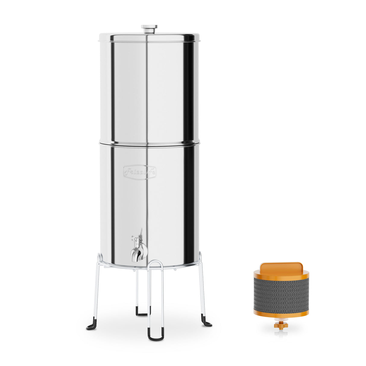 Frizzlife G210-SCALE Gravity-Fed Water Filter System, NSF Certified Element with Scale Inhibition Reduces 99.9% Chlorine, Taste & Odor, Impurity, Purifier System with Stand for Home, Camping, 2.25G