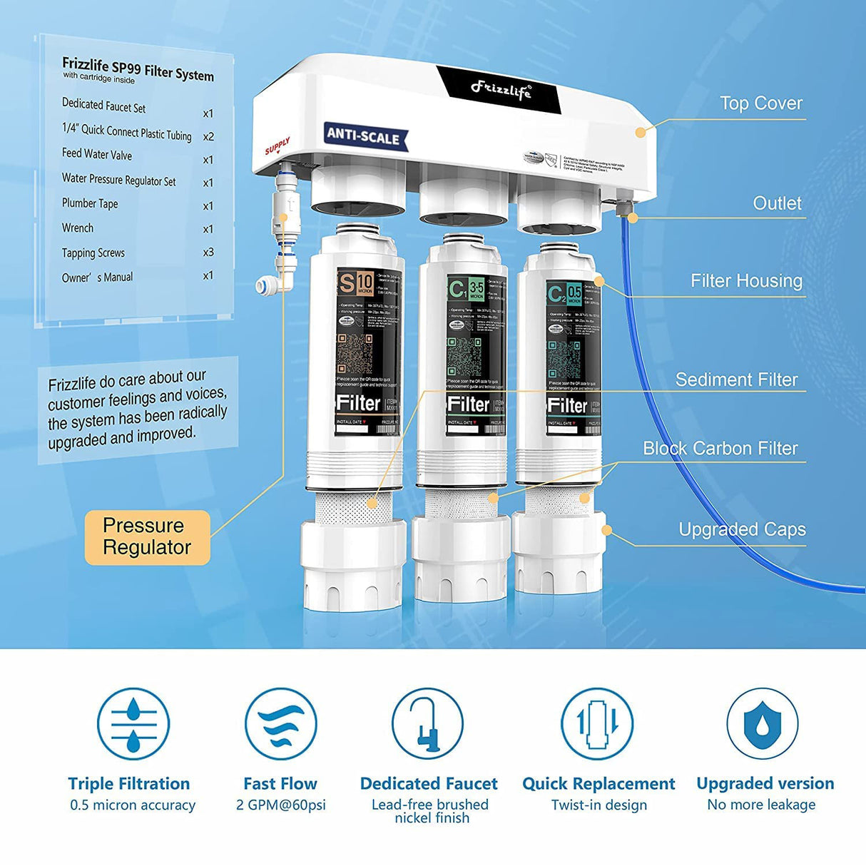 Frizzlife Under Sink Water Filter System with Brushed Nickel Faucet SP99-Scale