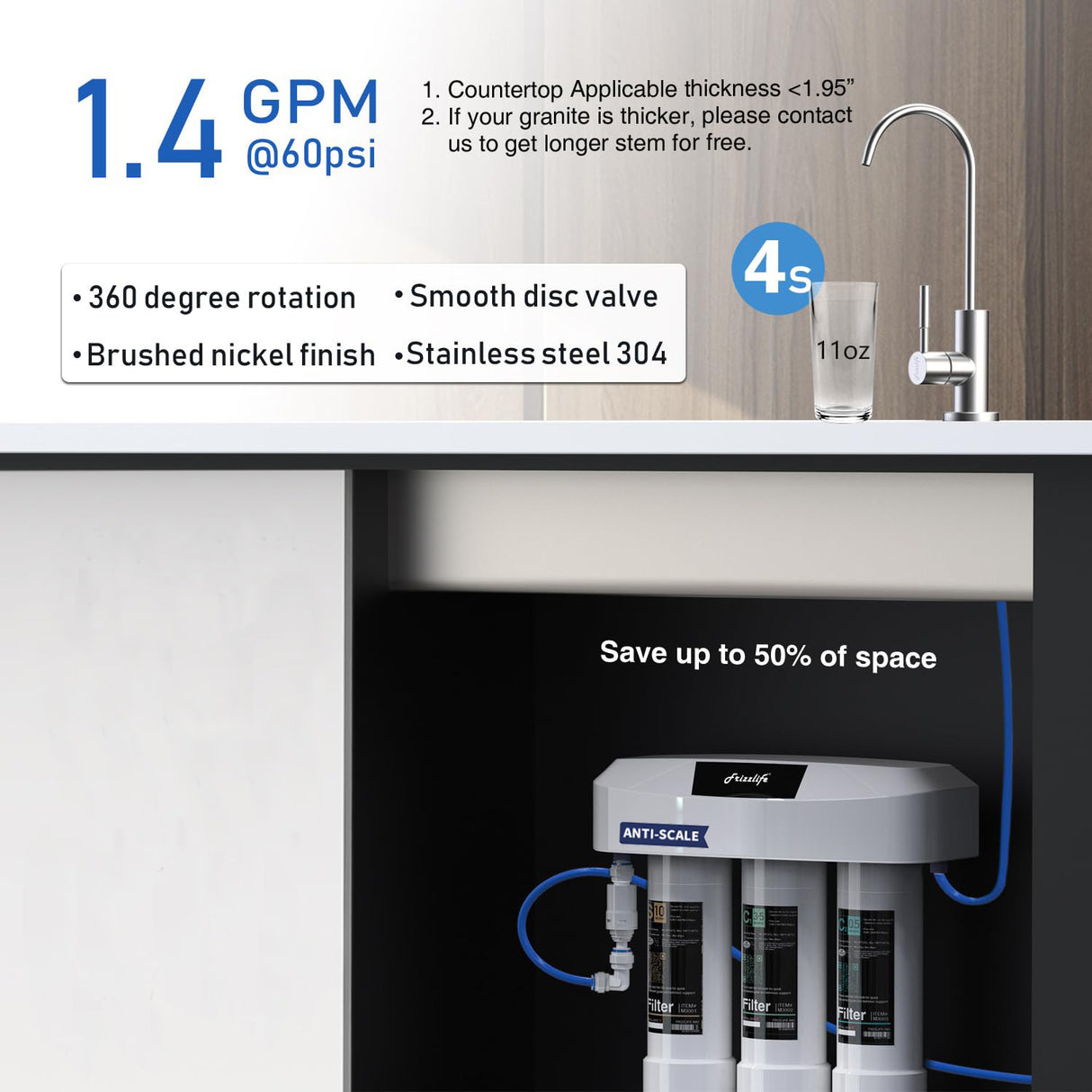 Frizzlife Under Sink Water Filter System with Brushed Nickel Faucet SP99-Scale