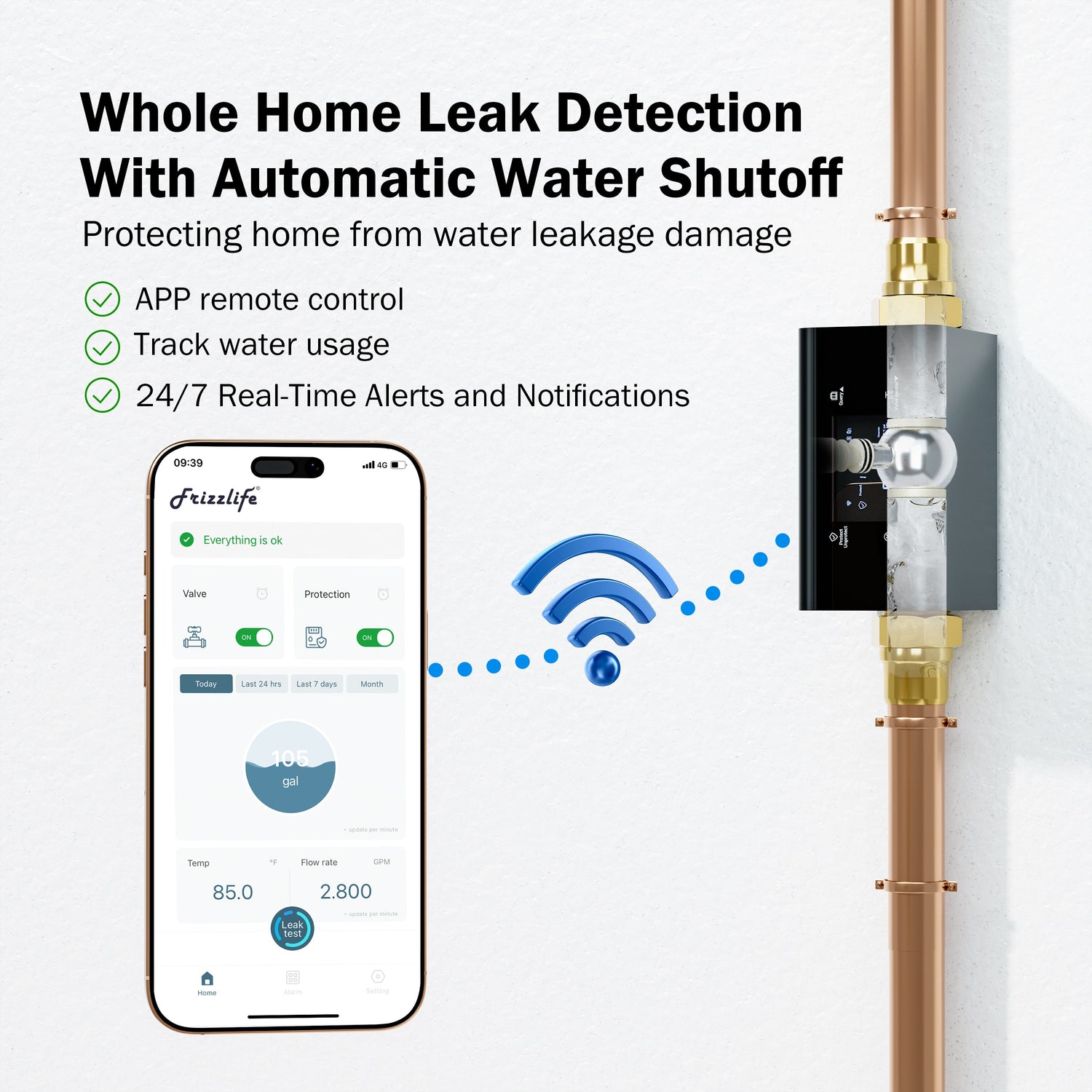 Frizzlife LP365/LP365-P Smart Water Monitor and Automatic Shutoff Sensor,LP365/LP369-P, 3/4