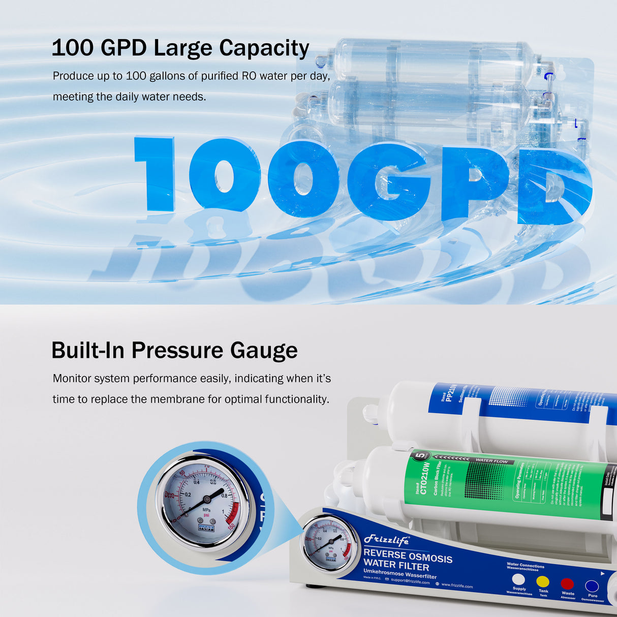 Frizzlife BFRO100 Aquarium Reverse Osmosis System, 3-stage Countertop RO Drinking Water Filter System with Pressure Gauge, Compact, 100 GPD