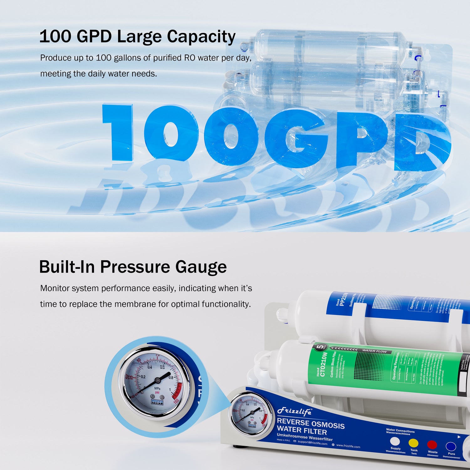 Frizzlife BFRO100 Aquarium Reverse Osmosis System, 3-stage Countertop RO Drinking Water Filter System with Pressure Gauge, Compact, 100 GPD