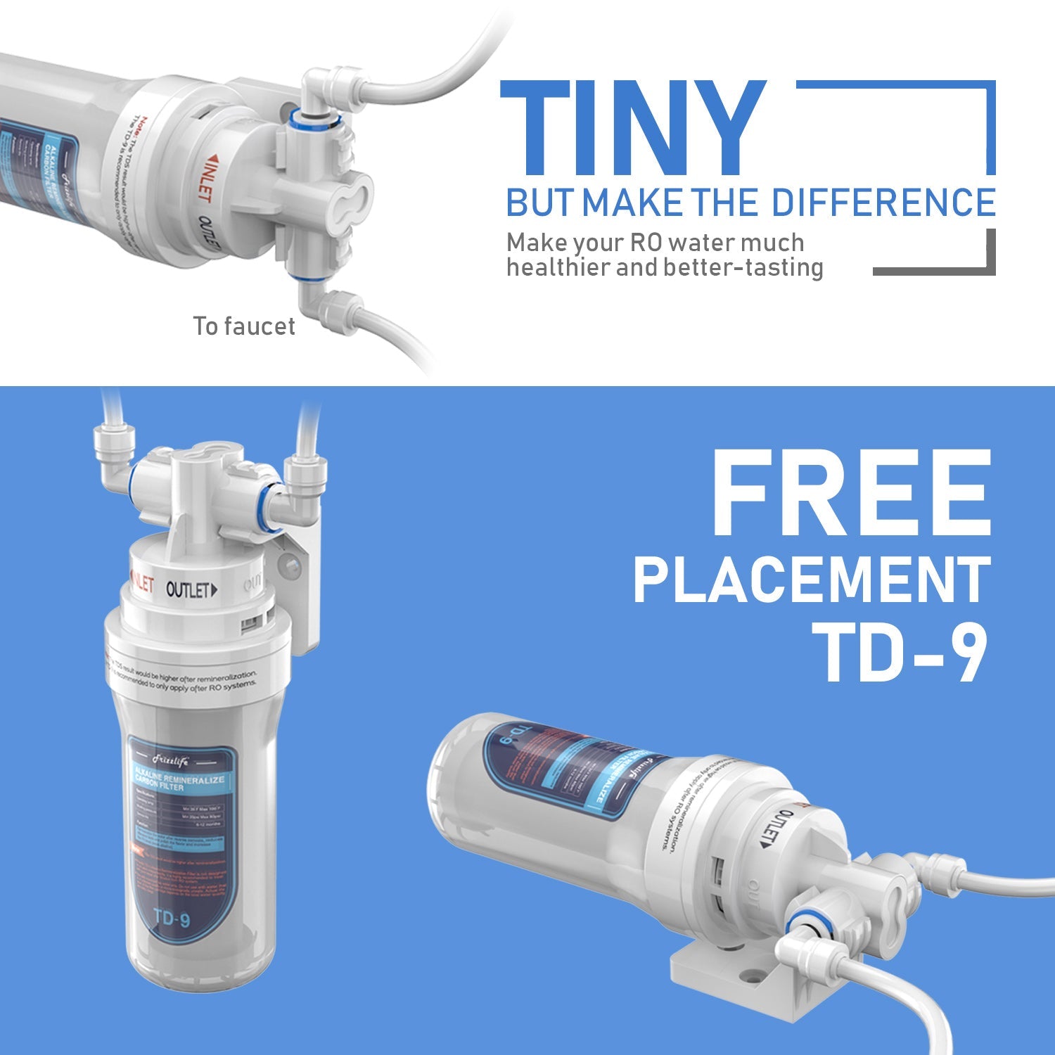 Frizzlife TD-9 Alkaline Remineralization Under Sink Inline Water Filter - Post Filter for RO Reverse Osmosis System
