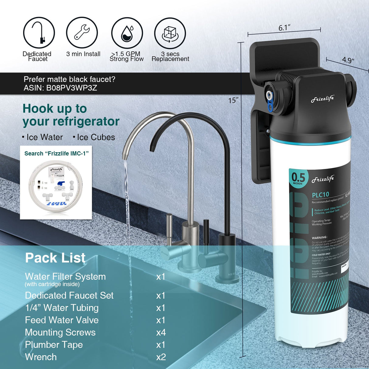 Frizzlife SW15F Direct Connect Under Sink Water Filter System, Reduces 99.99% Lead, Chlorine, Bad Taste & Odor