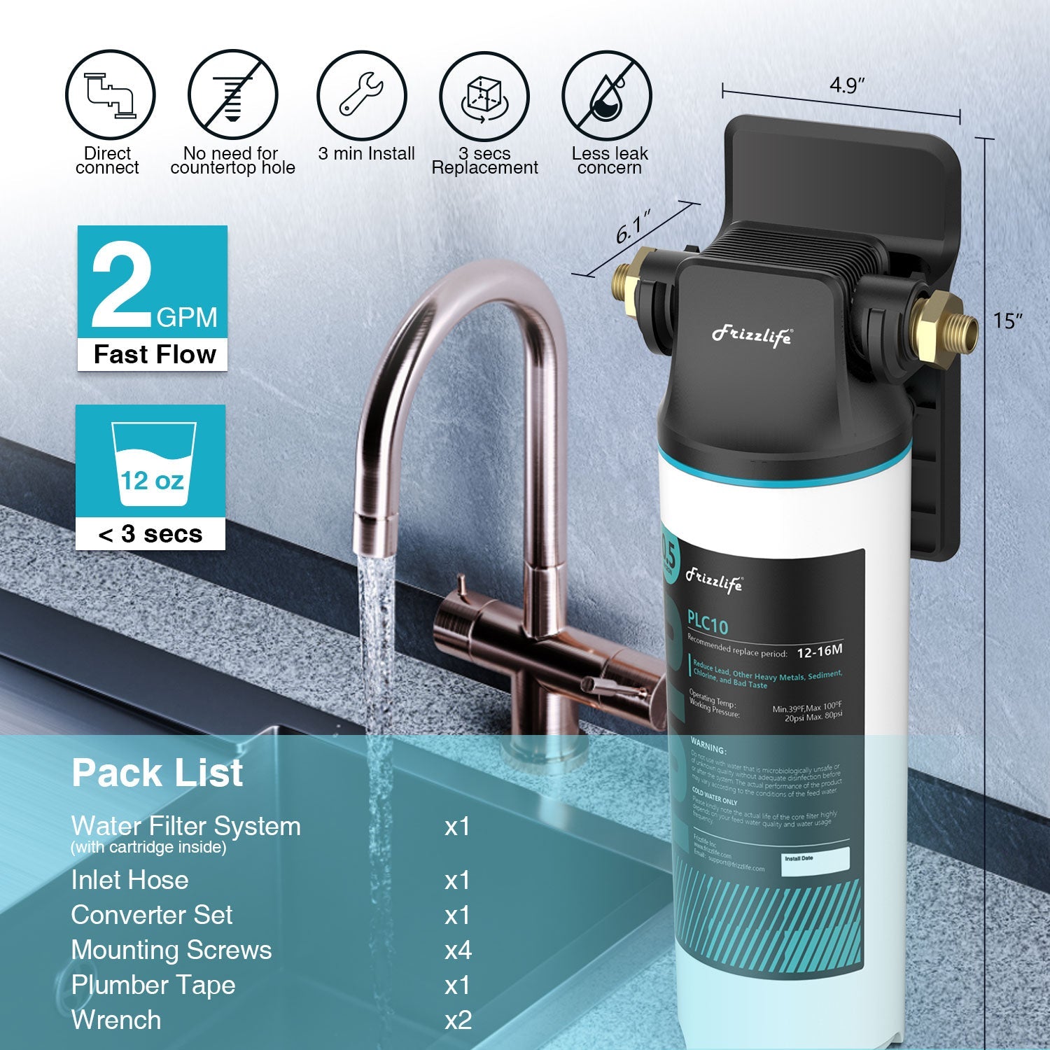 Frizzlife SW20 Direct Connect Under Sink Water Filter System, Reduces 99.99% Lead, Chlorine, Bad Taste & Odor
