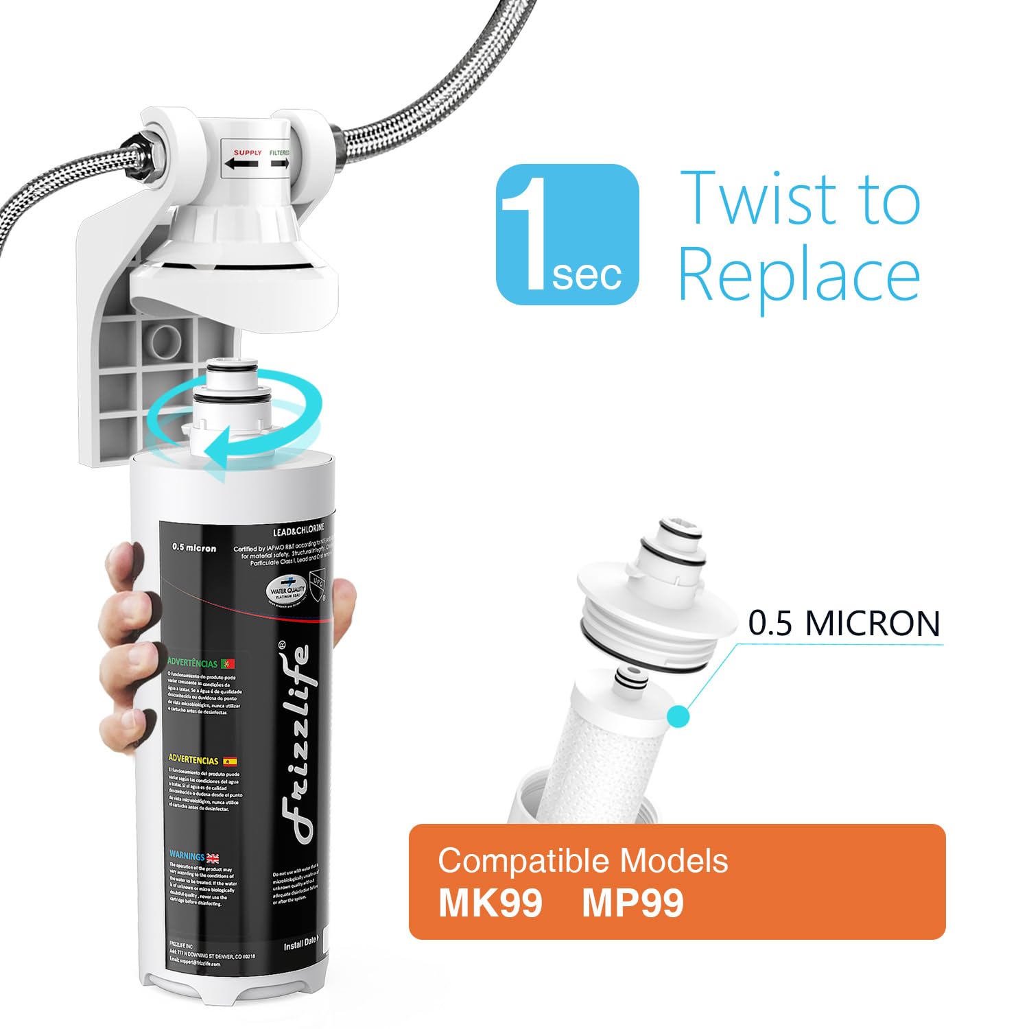 Frizzlife FZ-3 Replacement Water Filter Cartridge For MK99 and MP99 - Upgraded With Scale Inhibition