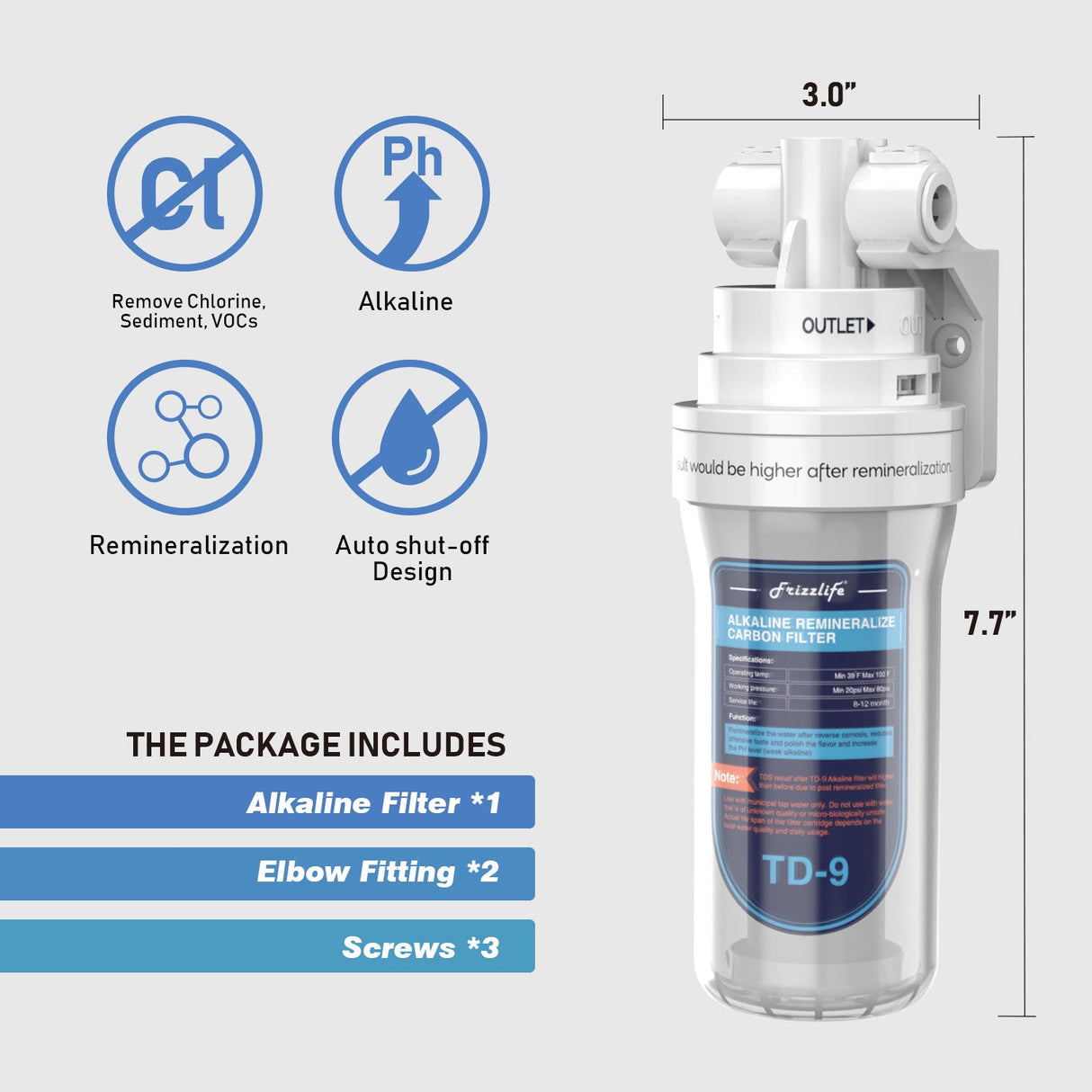Frizzlife TD-9 Alkaline Remineralization Under Sink Inline Water Filter - Post Filter for RO Reverse Osmosis System