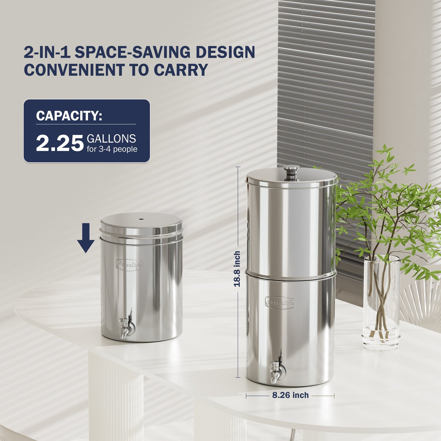 Frizzlife G210-SCALE Gravity-Fed Water Filter System, NSF Certified Element with Scale Inhibition Reduces 99.9% Chlorine, Taste & Odor, Impurity, Purifier System with Stand for Home, Camping, 2.25G