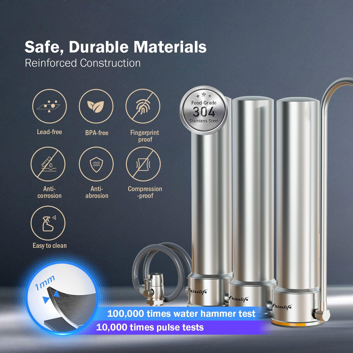 Frizzlife TS99-S Countertop Water Filter System, 9-Stage Stainless Steel Faucet Water Filtration, 0.5 Micron NSF Certified Elements Reduces 99.99% Lead, Chlorine, Heavy Metals, Scale and Limes