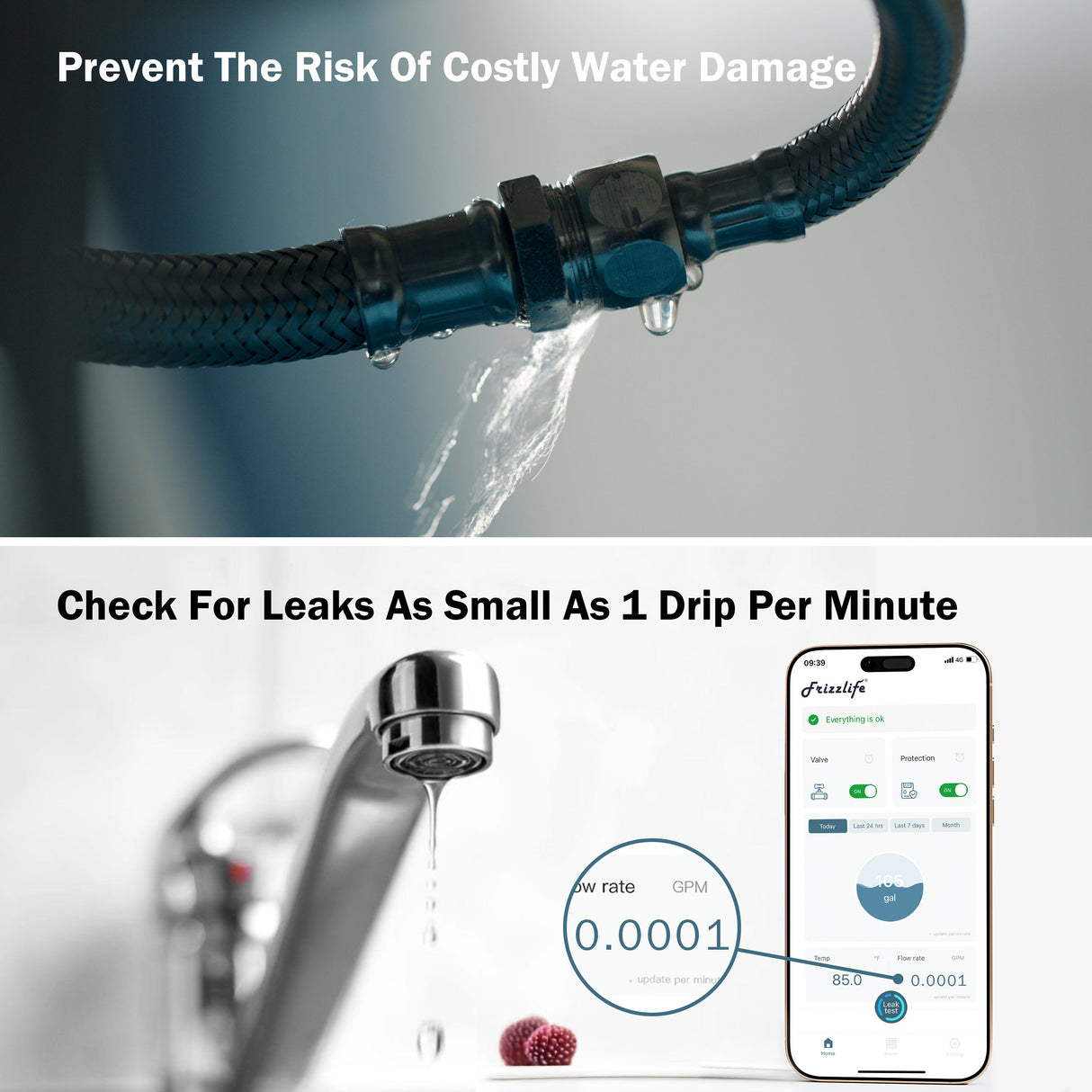 Frizzlife LP365/LP365-P Smart Water Monitor and Automatic Shutoff Sensor,LP365/LP369-P, 3/4" and 1"
