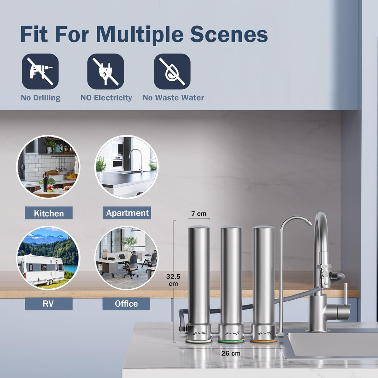 Frizzlife TS99-S Countertop Water Filter System, 9-Stage Stainless Steel Faucet Water Filtration, 0.5 Micron NSF Certified Elements Reduces 99.99% Lead, Chlorine, Heavy Metals, Scale and Limes