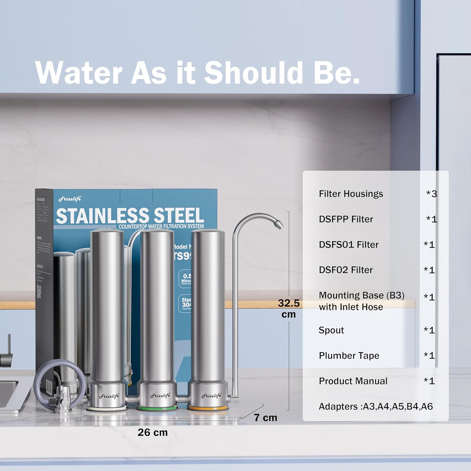Frizzlife TS99-S Countertop Water Filter System, 9-Stage Stainless Steel Faucet Water Filtration, 0.5 Micron NSF Certified Elements Reduces 99.99% Lead, Chlorine, Heavy Metals, Scale and Limes
