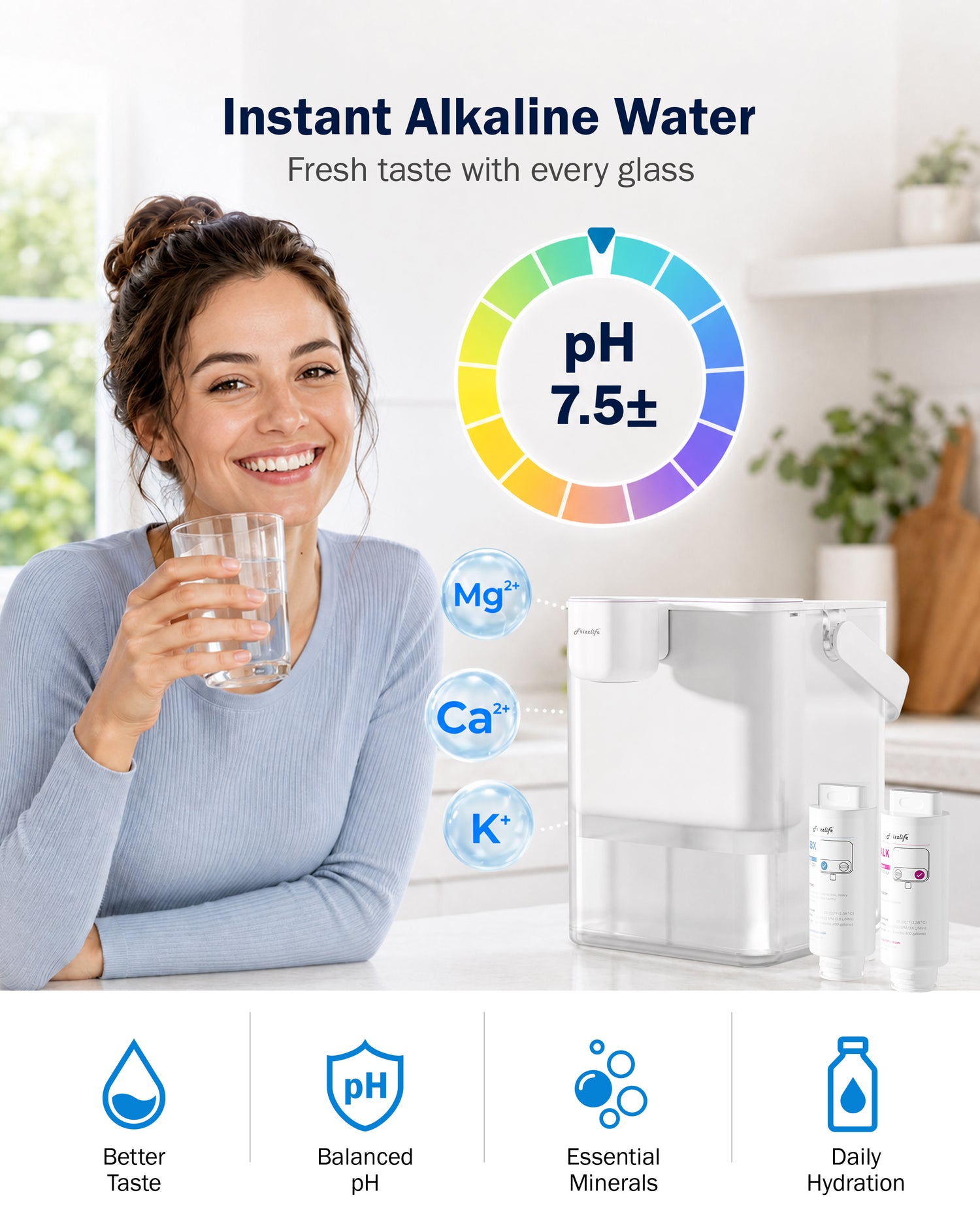 Frizzlife MD40 Alkaline Instant Electric Water Filter Jug with 2 Filters | 6-Month Filters (1514 Litres), 4.2L Countertop Water Filter System, NSF/ANSI 53/42/372, Reduces Chlorine, Lead,PFAS/PFOA/PFOS