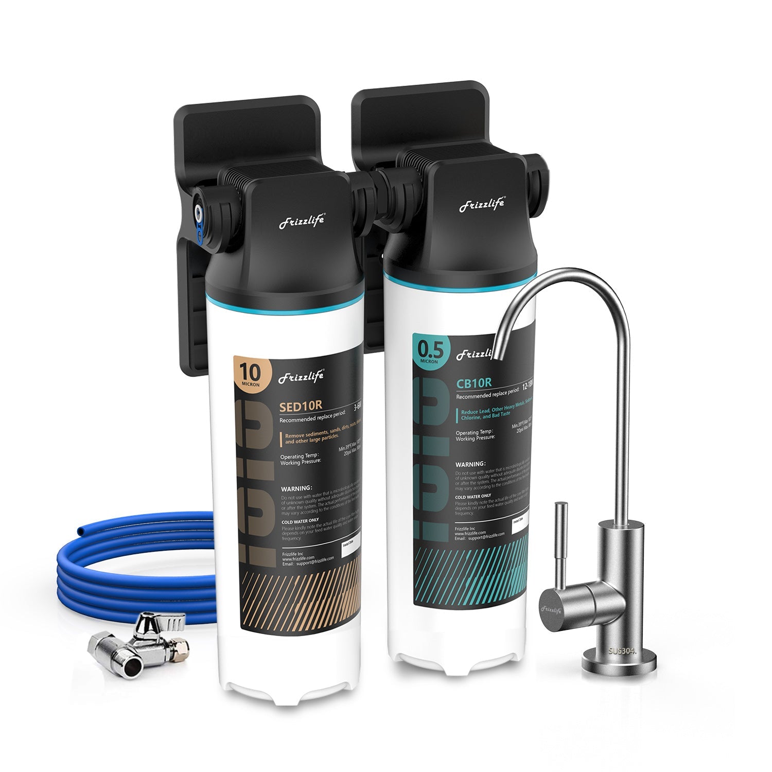 Frizzlife DW10F/DW15F Under Sink Water Filter System with Brushed Nickel Faucet, NSF/ANSI 53&42 Certified Elements