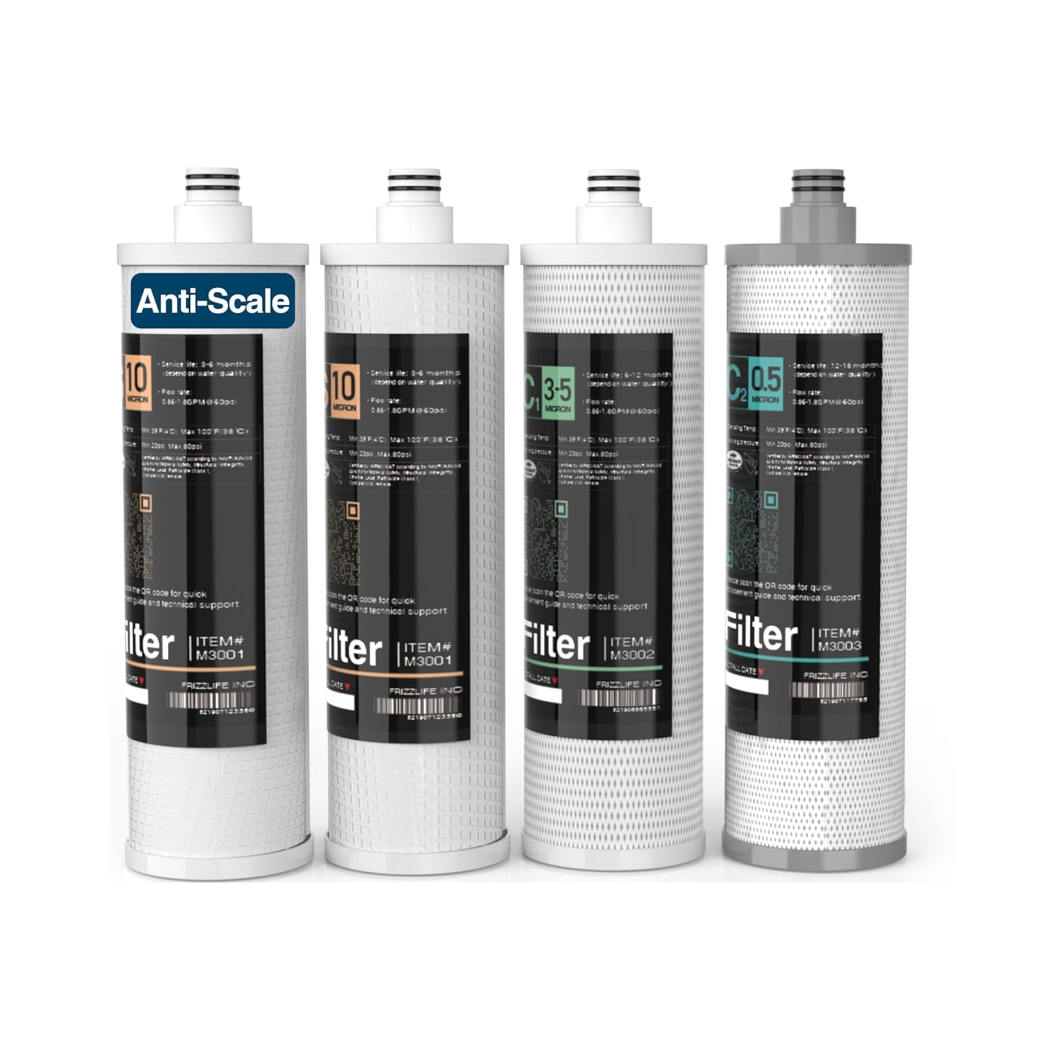 Frizzlife M3005 Replacement Filter Cartridge Set (4 Pack) For SK99 and SP99 Under Sink Water Filter System