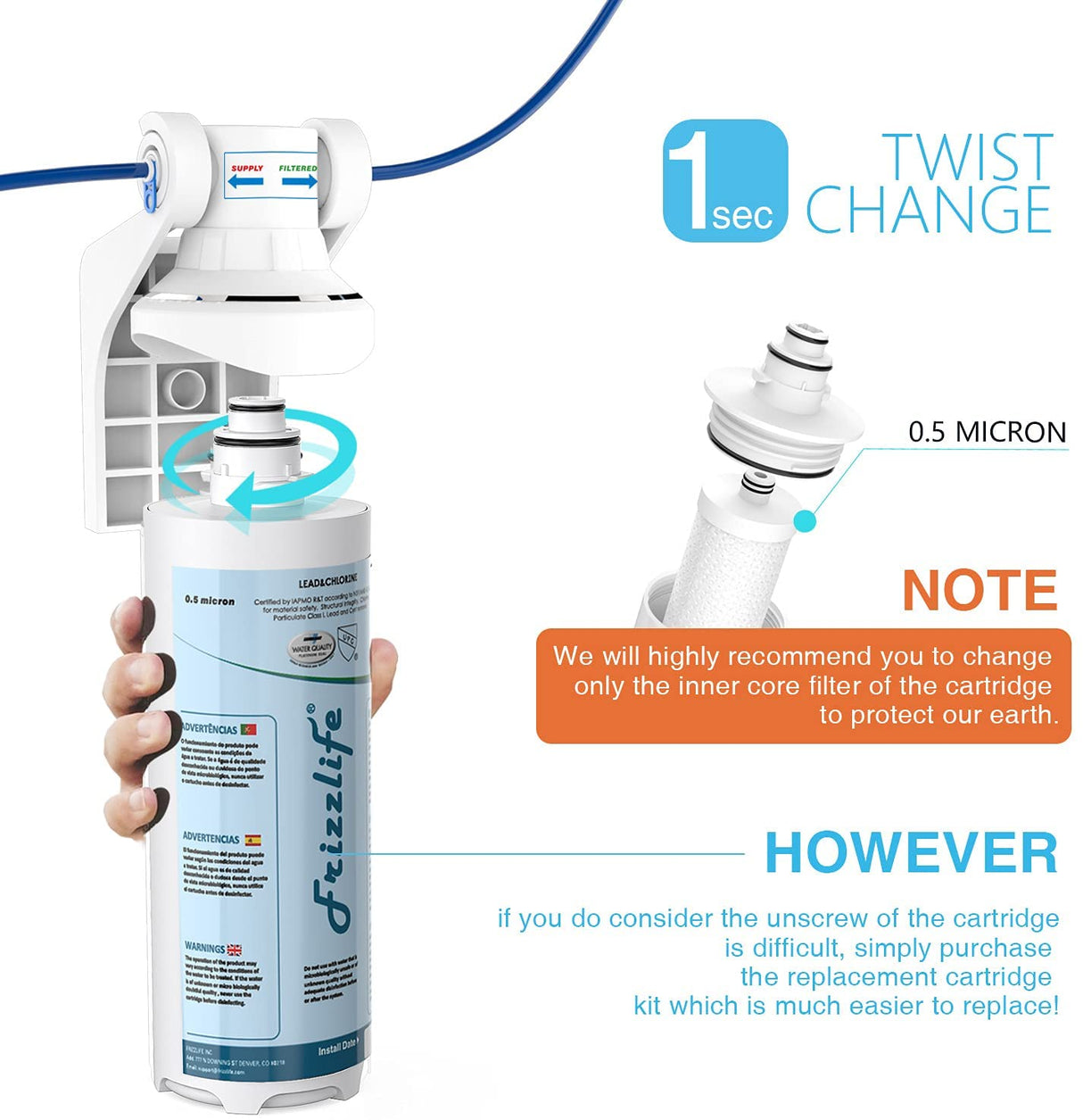 Frizzlife MP-HF Replacement Filter Cartridge Kit For MP99 - Includes Filter Cartridge and Filter Housing