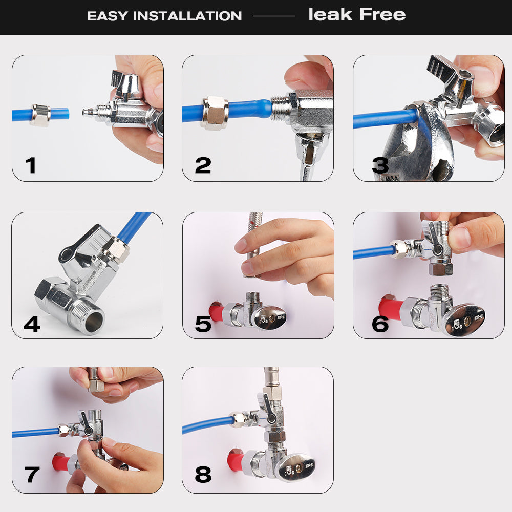 Frizzlife Brass Feed Water Adapter for RO Water Filters, Ice Maker-3/8", 3/8" comp and 1/4"OD comp