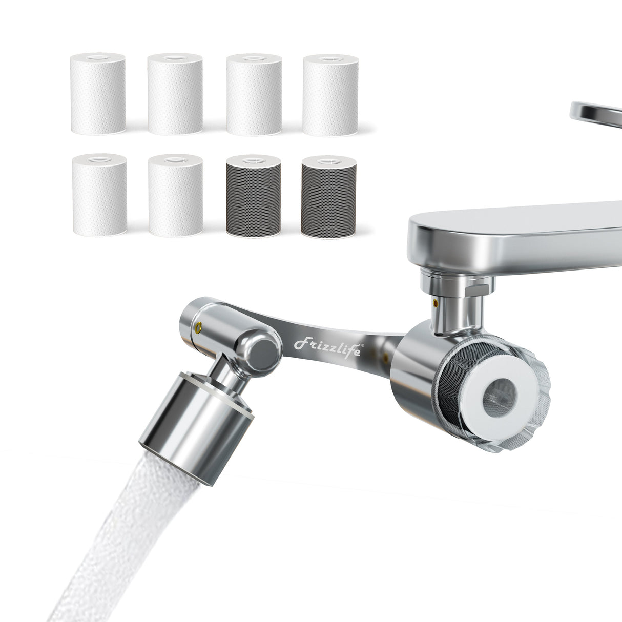 【Pre Order】Frizzlife Splash-Proof Sink Faucet Extender with Filter, NSF Certified Reduce 99% Chlorine, 1080° Rotating Tap Aerator, 2 Modes Spray Attachment for Kitchen/Bathroom/Toddlers, 8pcs Replacement Filter