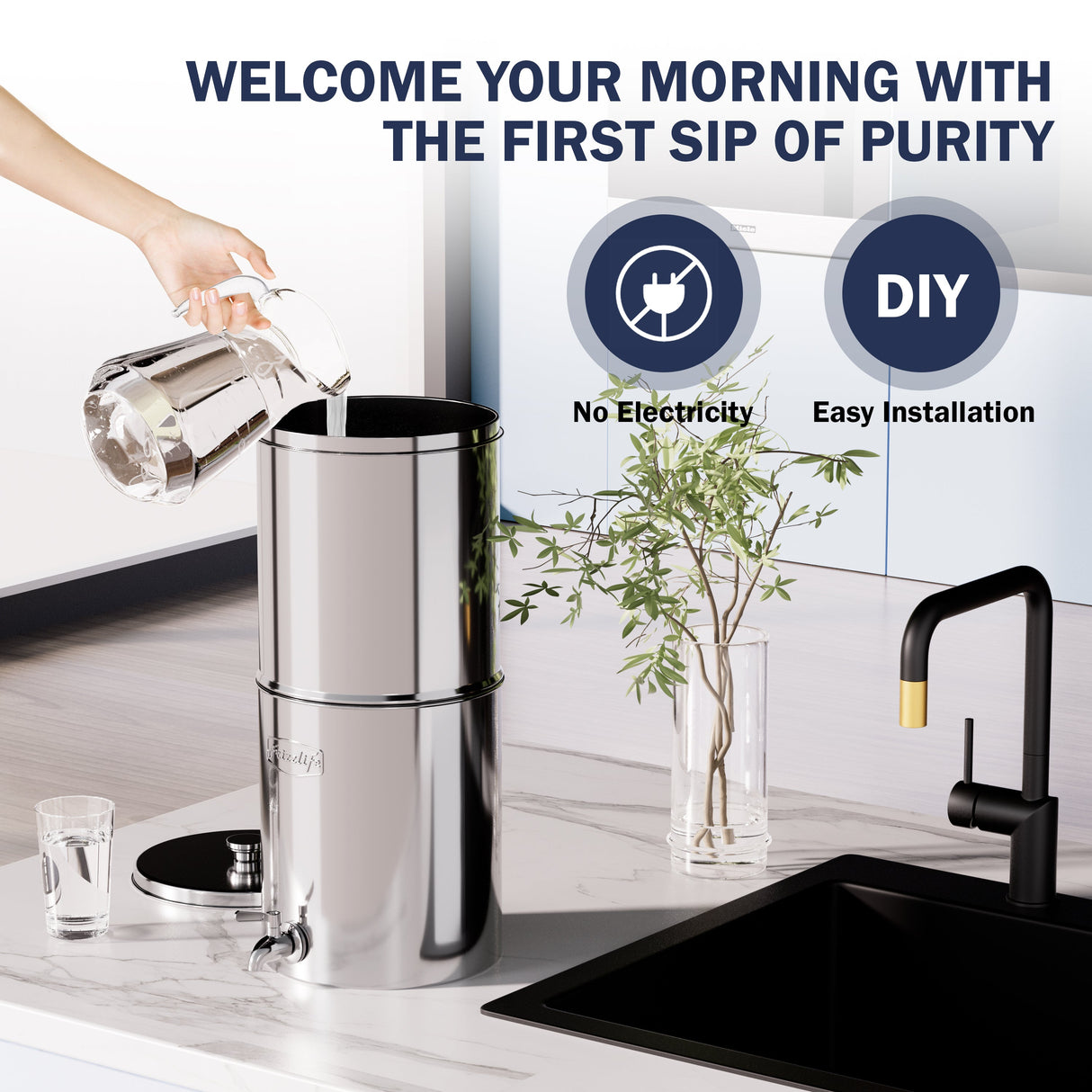 Frizzlife G210-SCALE Gravity-Fed Water Filter System, NSF Certified Element with Scale Inhibition Reduces 99.9% Chlorine, Taste & Odor, Impurity, Purifier System with Stand for Home, Camping, 2.25G