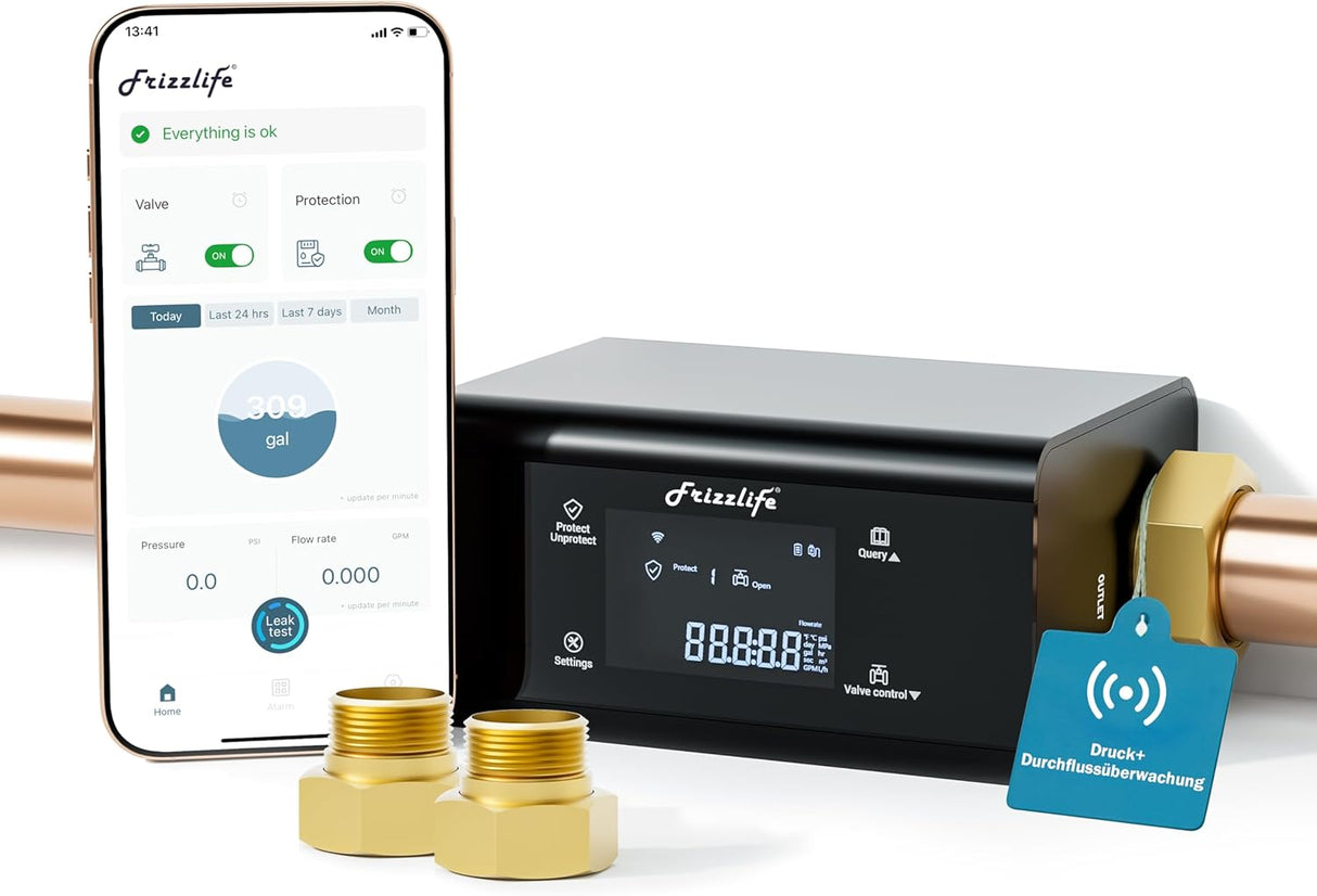 Frizzlife LP365/LP365-P Smart Water Monitor and Automatic Shutoff Sensor,LP365/LP369-P, 3/4" and 1"