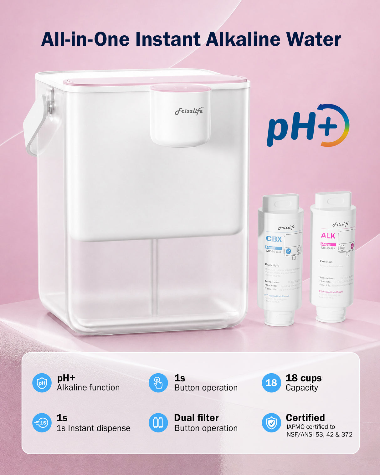 Frizzlife MD40 Alkaline Instant Electric Water Filter Jug with 2 Filters | 6-Month Filters (1514 Litres), 4.2L Countertop Water Filter System, NSF/ANSI 53/42/372, Reduces Chlorine, Lead,PFAS/PFOA/PFOS