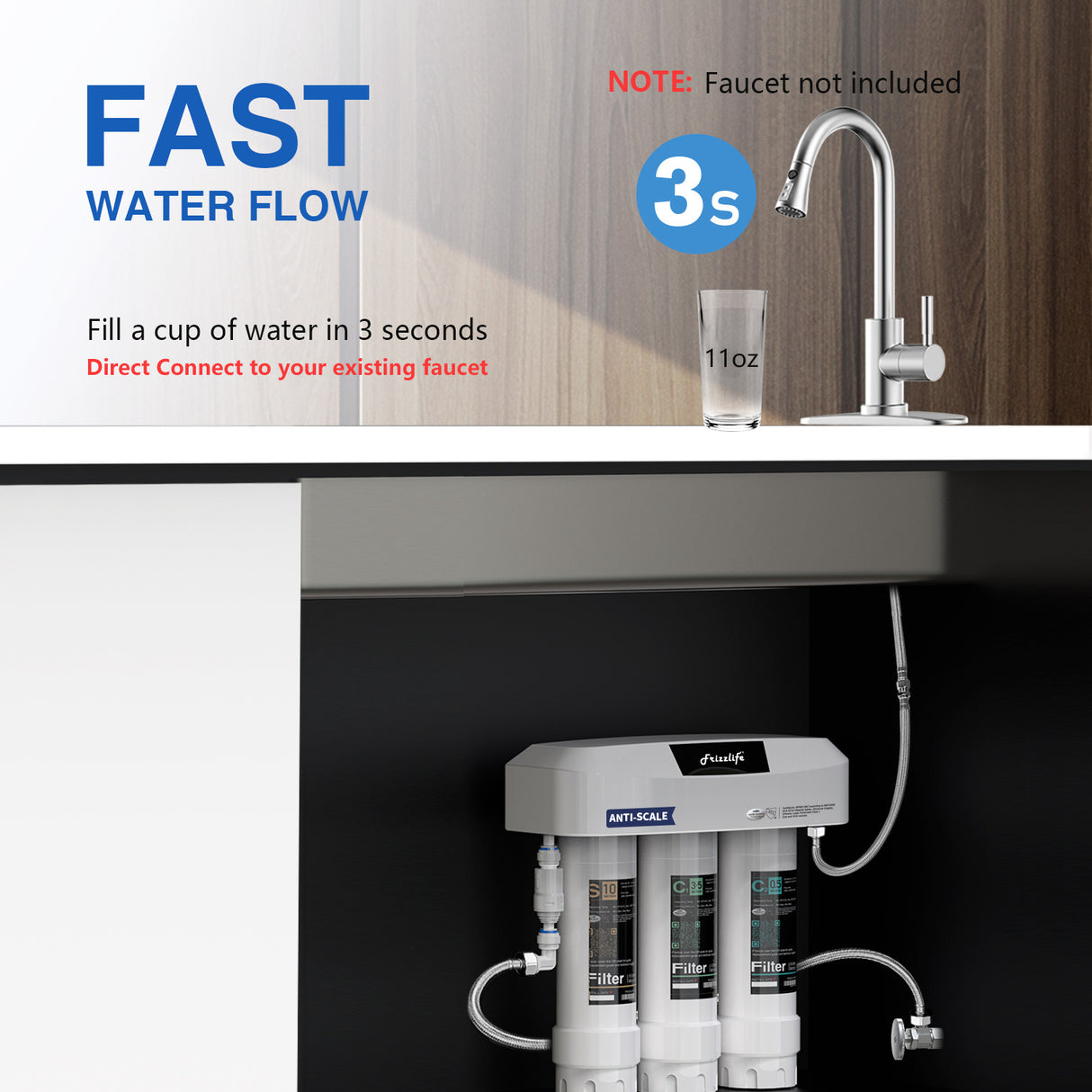 Frizzlife 3-Stage Under Sink Water Filter System SK99-Scale, Direct Connect