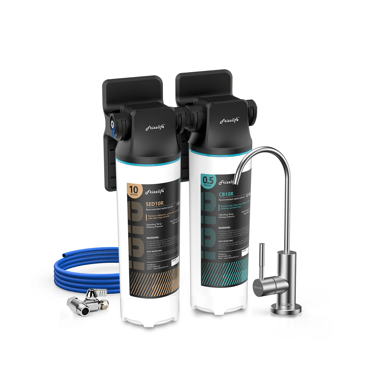 Frizzlife DW10F/DW15F Under Sink Water Filter System with Brushed Nickel Faucet, NSF/ANSI 53&42 Certified Elements